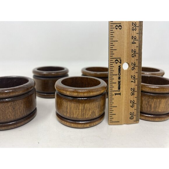 Set Of 8 Mid Century Modern Round Wooden Napkin Rings Brown - Picture 7 of 8